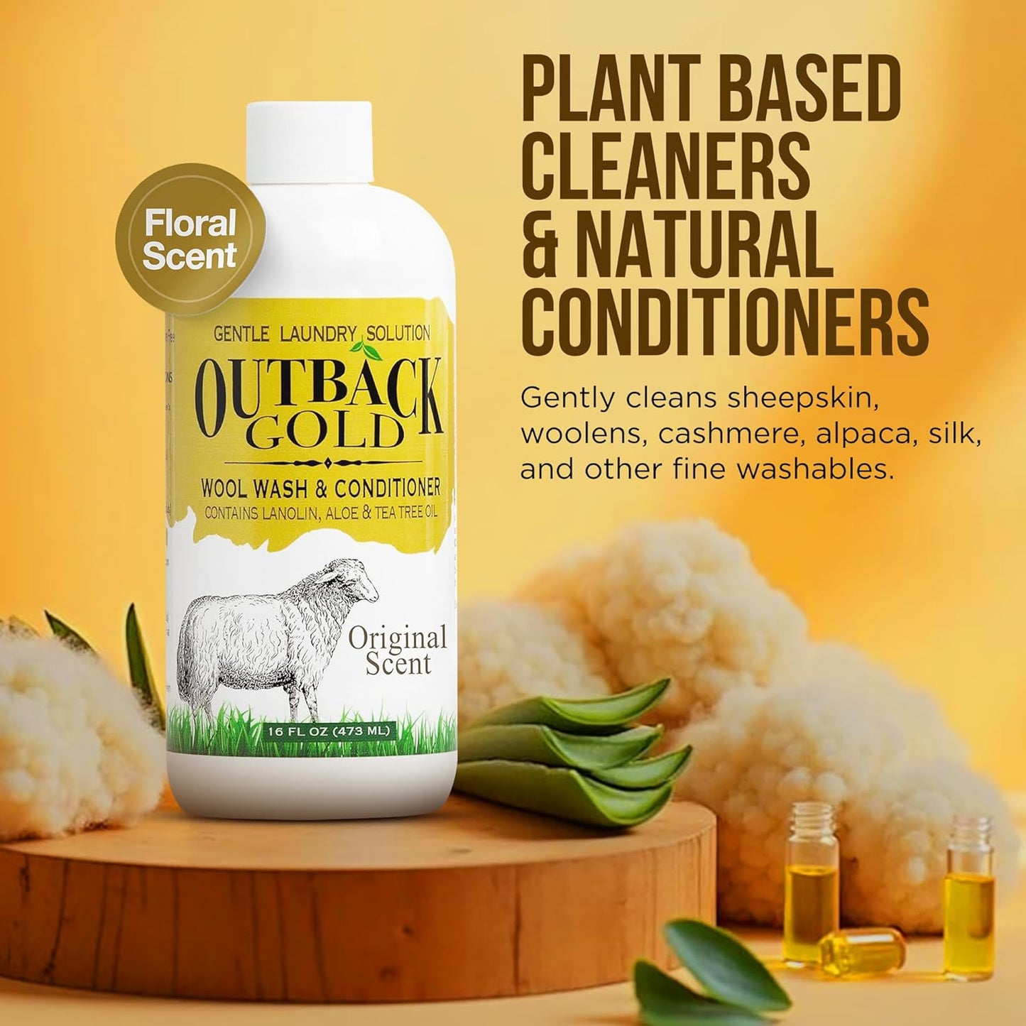 Outback Gold Wool Wash, 16 oz, Original Floral Scent, Plant Based, HE Compatible, Liquid Laundry Detergent, Perfect Soap for Wool, Cashmere, Silk, Sheepskin, Baby Items, Mild, Neutral pH, Made in USA