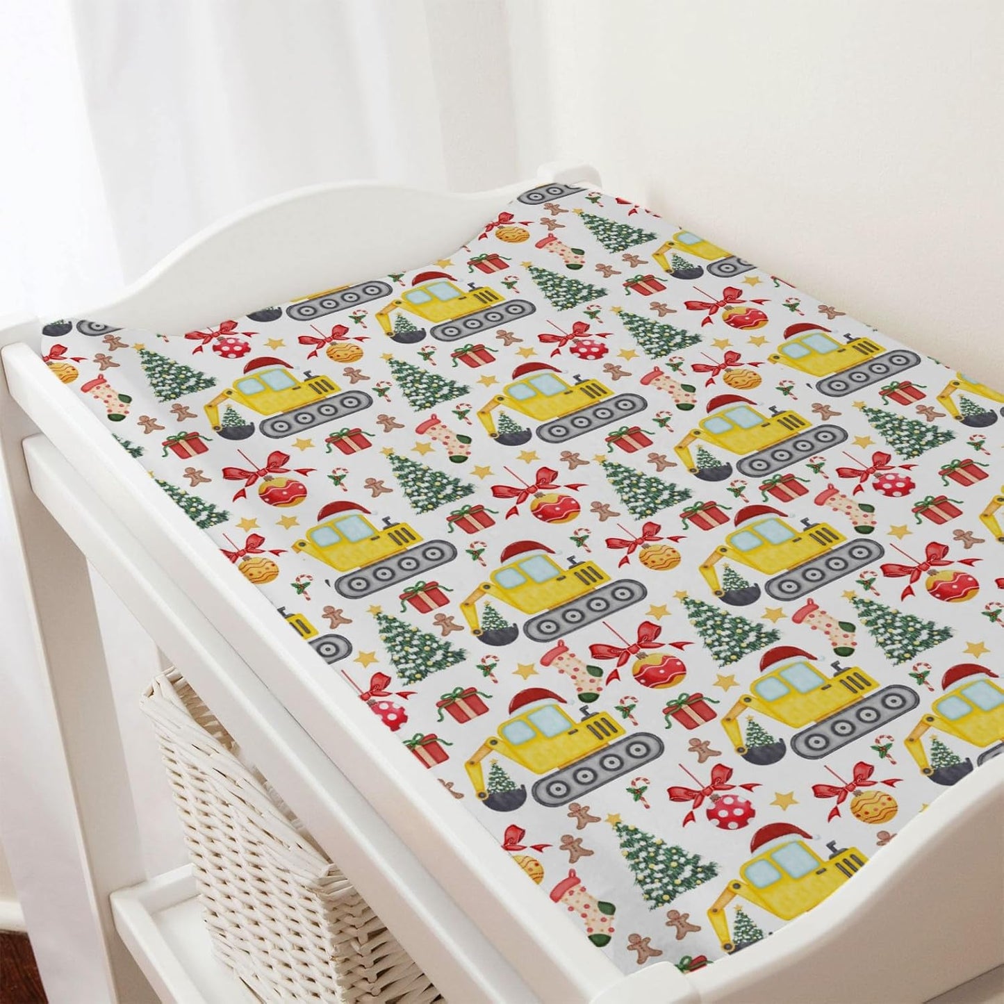 Christmas Truck Excavator Tractor Changing Pad Cover Construction Trucks Fitted Baby Change Table Sheets for Boys Girls Soft Winter Xmas Gift Stretch Fitted Changing Table Mats Cover 32''x16''