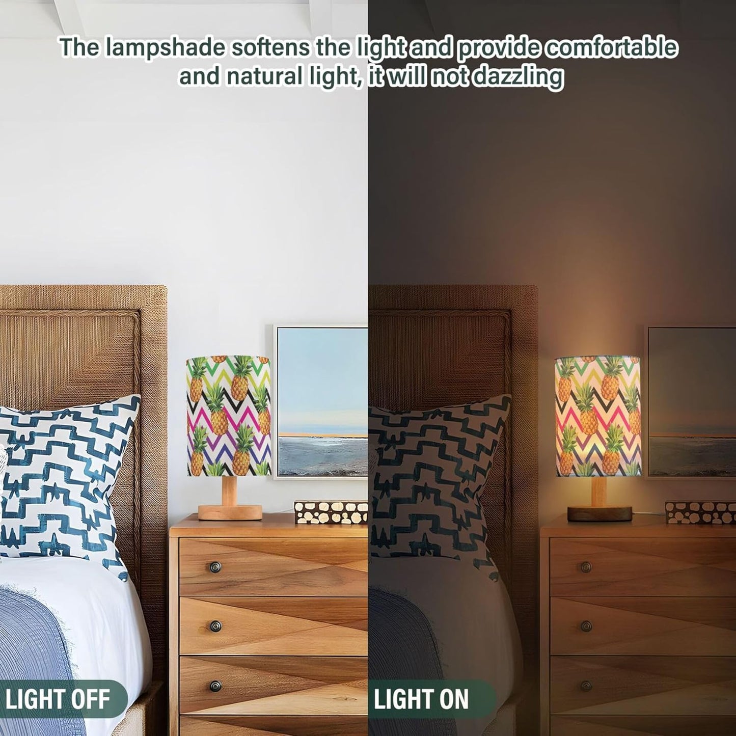 Table Lamp Pineapple Fruit Colorful Geometric Chevron Nightstand Lamp with Wood Base Fabric Lamp Shade Bedside Desk Lamp for Living Room Bedroom Kids Room Office