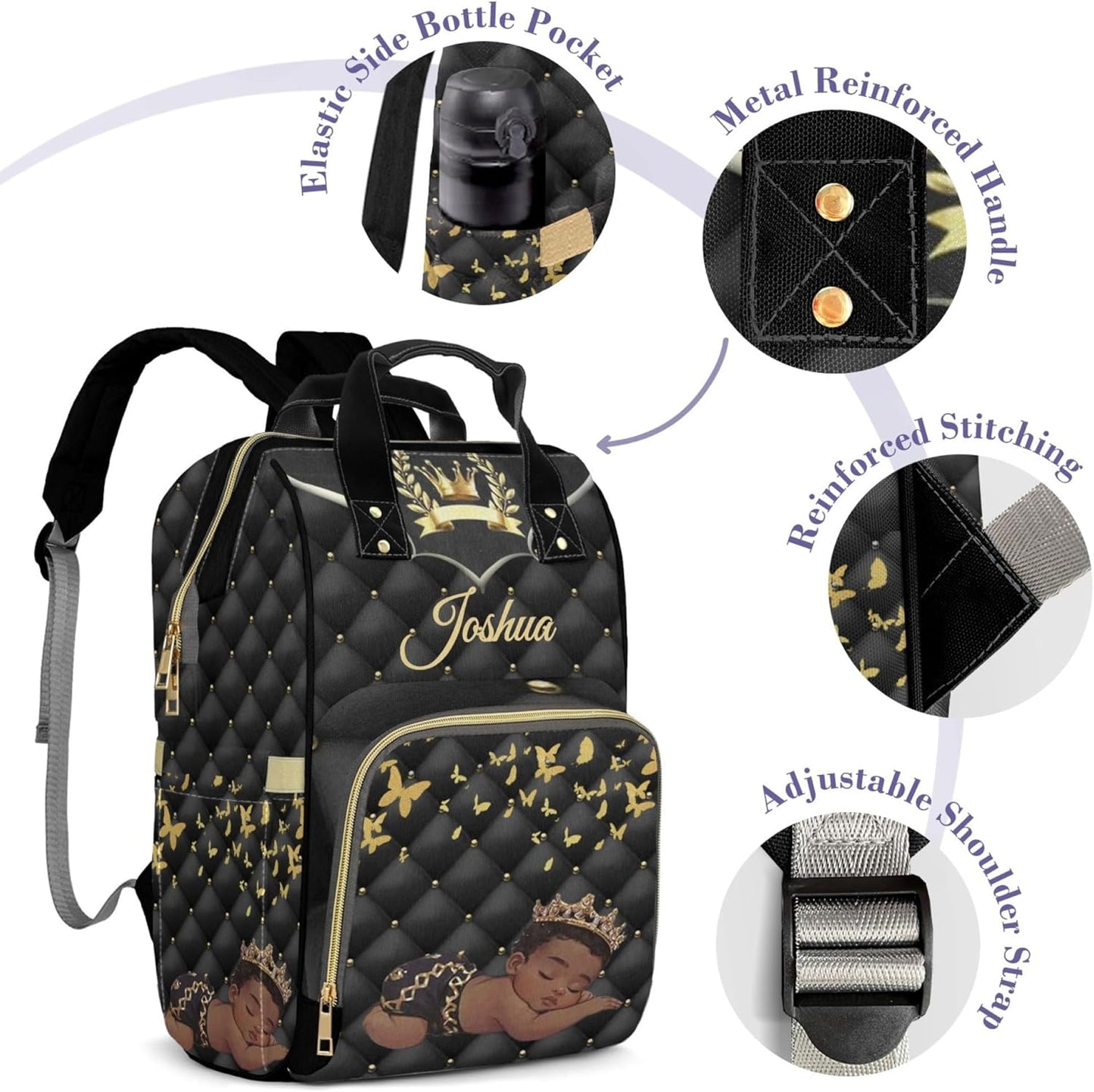 Large Capacity Personalized Diaper Bag Custom Baby Bag for Boys with Name Multi-function Shoulders for Newborn Baby Boy, Crown Customized Nappy Backpack with Thermal Pockets, Black