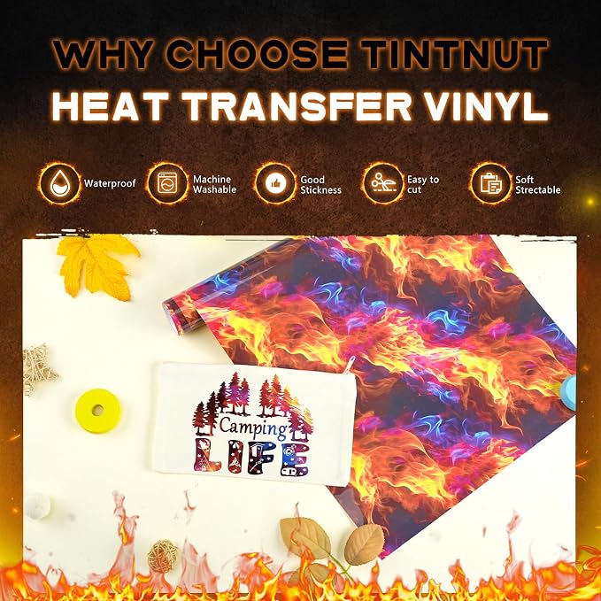 Tintnut Orange Blue Flame Heat Transfer Vinyl Roll, stretch washable, compatible