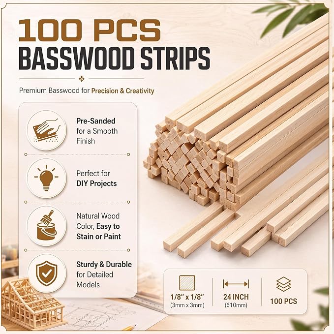 100pcs Basswood Strips 1/8 x 1/8 x 24 Inch Balsa Wood Strips Natural Wood