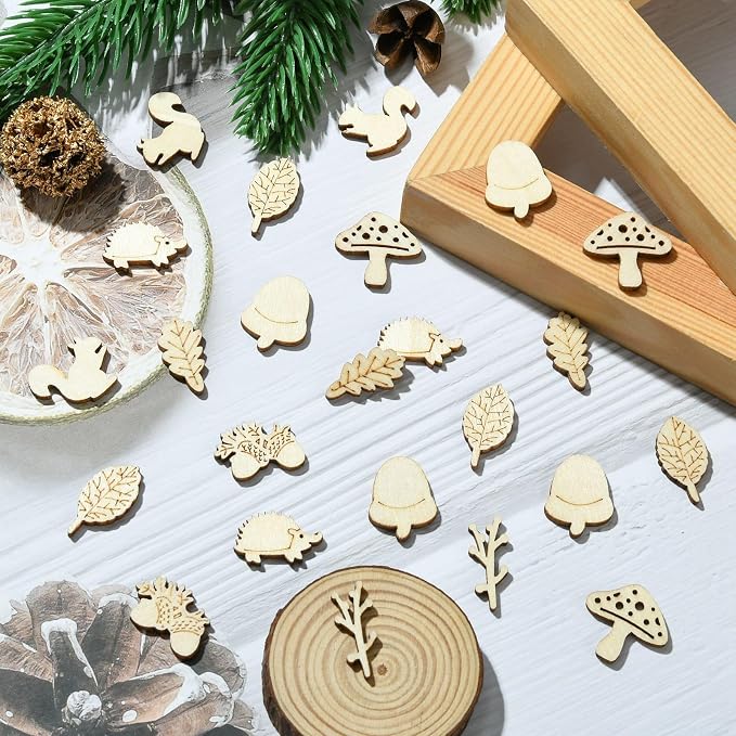 200 Pcs Unfinished Wooden Animal Plants Cutouts Squirrel Hedgehog Leaf Shapes