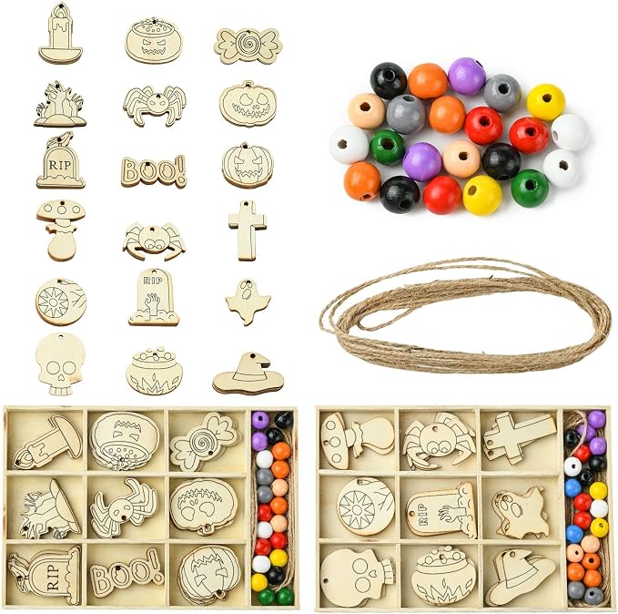 54 pcs Mixed Styles Halloween Theme Unfinished Wood Cutout Charms Cross Spider