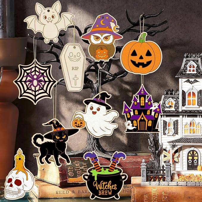 80PCS Wooden Halloween Ornaments to Paint Fall Decorations Crafts