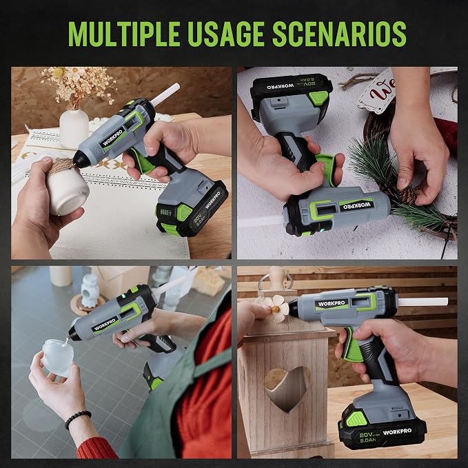 WORKPRO 20V Cordless Hot Melt Glue Gun Kit, 2.0 Ah Li-ion Battery Powered