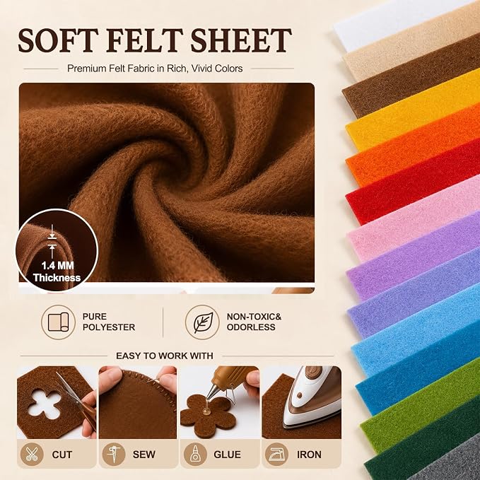 Warm Brown Large Felt Fabric 36" x 36", 1.4 mm Soft Felt Sheet, Nonwoven Fabric
