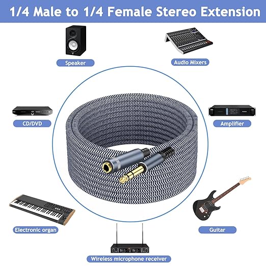 1/4" Male to Female Stereo Headphone Extension Cable - 25ft Quarter Inch Guitar Cable