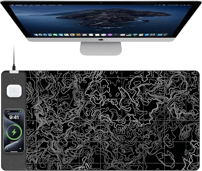 TopMade Mouse Pad with 15W Fast Wireless Charging, 31.5"x15.75" XXL Large Gaming Waterproof Desk Pad with Ultra-Smooth Surface, Non-Slip Base, Computer Desk Mat, Black Topographic Map #3