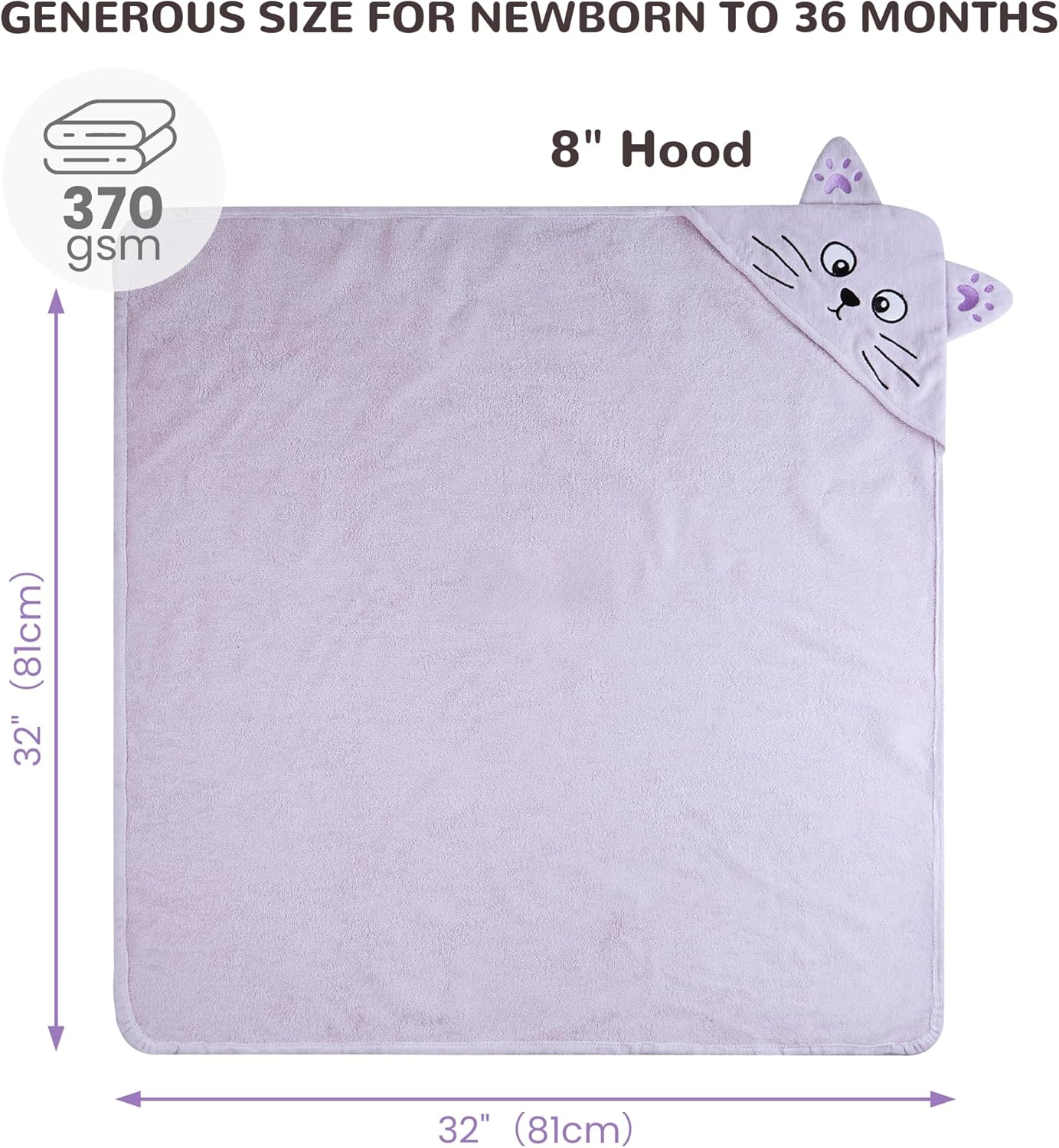 Viviland 2 Pack Hooded Baby Towels, Soft 100% Cotton Baby Bath Towels with Hood, Extra Thick and Absorbent, Essential for Newborns, Kids, Infants - Girls and Boys (Sheep & Purple Cat)