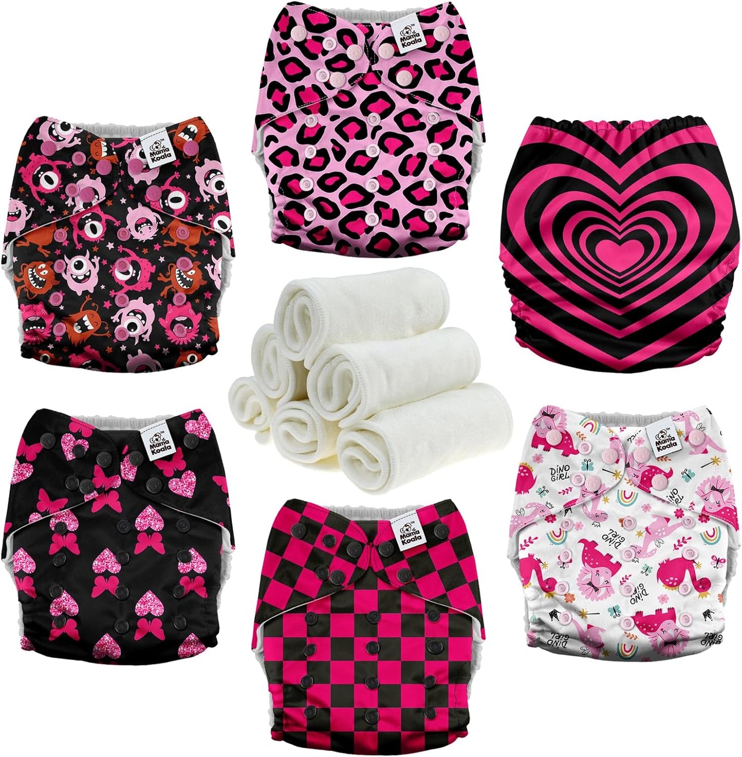 Mama Koala 3.0 Cloth Diapers for Babies with AWJ Lining, 6 Pack with 6 Natural Cloth Diaper Inserts - Reusable and Washable Pocket Diapers (Pink Love)