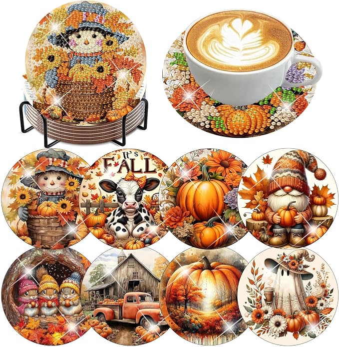 ijbnhd 8 Pcs Diamond Art Coasters Kits Autumn | Diamond Painting Coasters Kit
