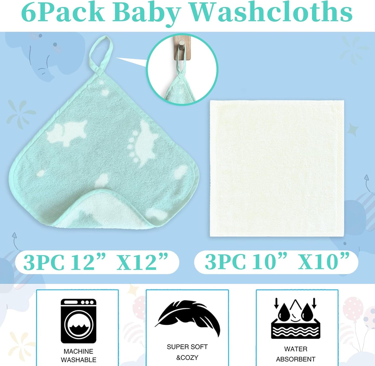 VOOVA & MOVAS 6 Pack 100% Cotton Baby Washcloths | 12x12 Inches | Highly Absorbent | Ultra-Soft Newborn Towels | Perfect Set,Baby Essentials |Dino & Ivory Colors
