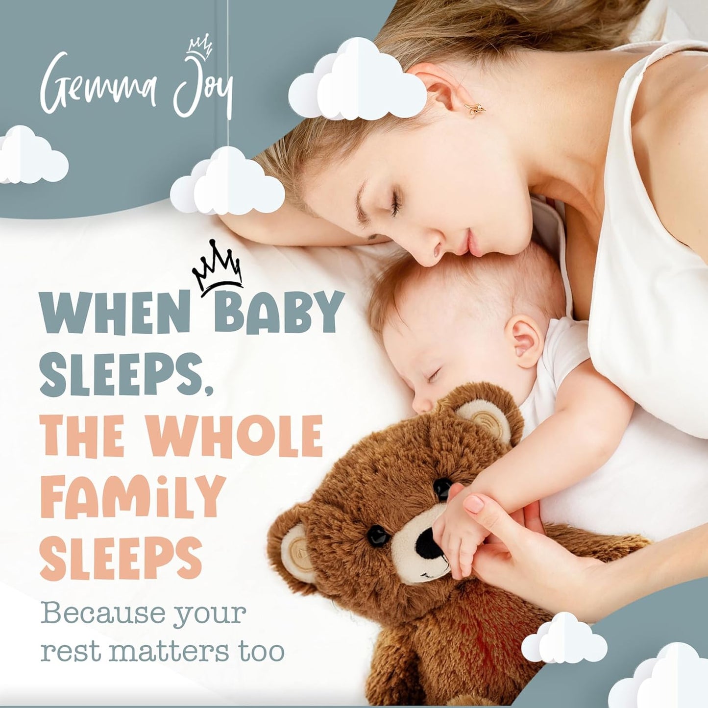 Gemma Joy Baby Sleep Soother Brown Bear for Baby – Cry Activated Heartbeat Stuffed Animal – Rechargeable Crib Soother with White Noise, Shush, Lullabies & Night Light – Newborn Essentials Must Haves