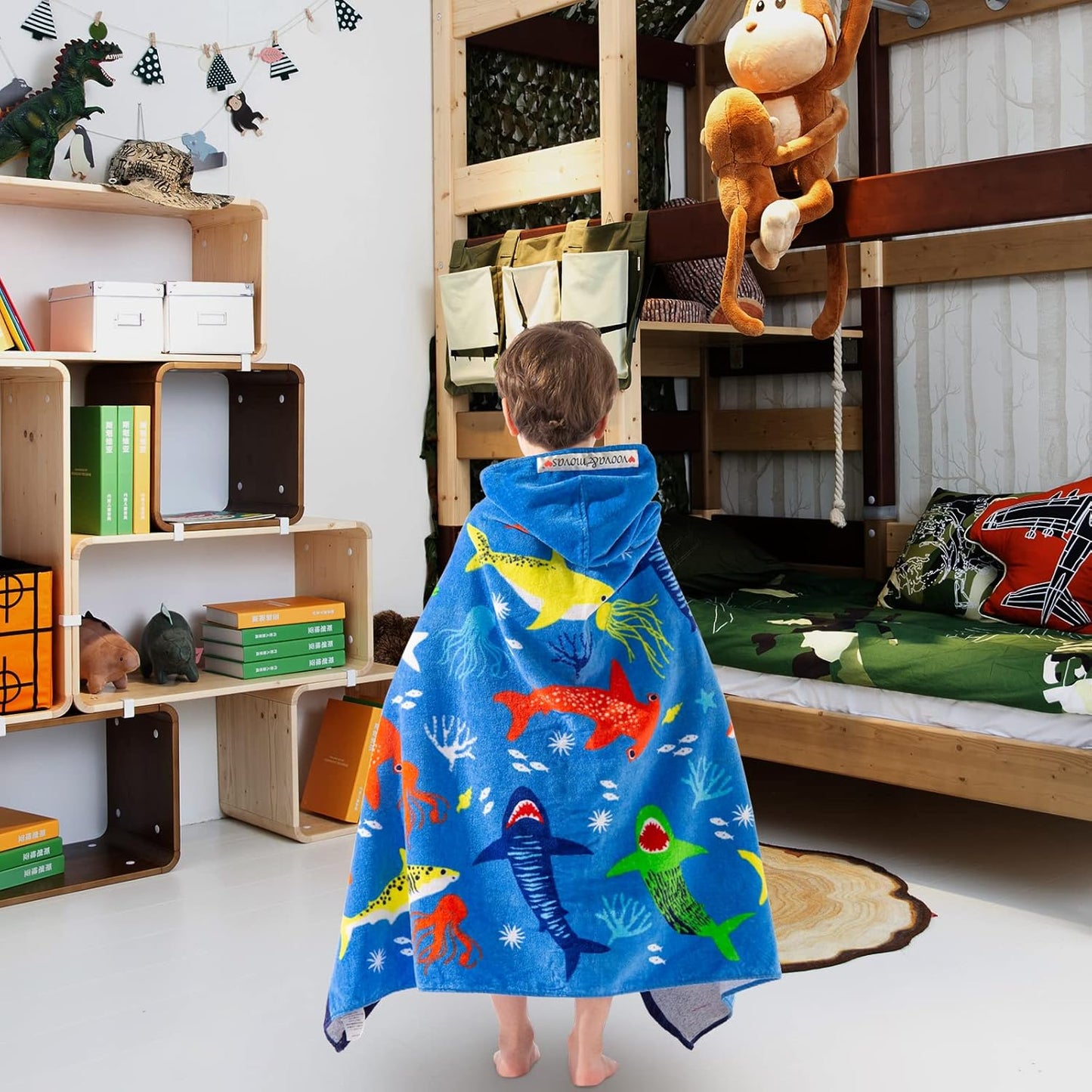 VOOVA & MOVAS Hooded Towel for Toddlers 3-10 Years,30''X50'',Soft | Thick | Cotton | Absorbent | Large Beach | Pool | Bath | Swim Towels | Cover up for Boys, Shark Fish