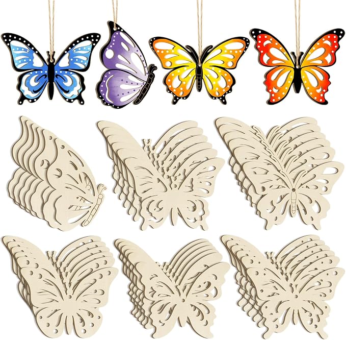 36PCS Wooden Hollow Butterfly Ornaments to Paint, 6 Styles DIY Blank Unfinished