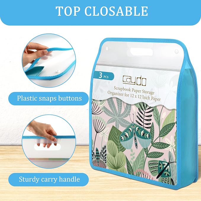 Caydo Scrapbook Paper Storage, 3 Pack Blue Expanding Paper Folio | Clear
