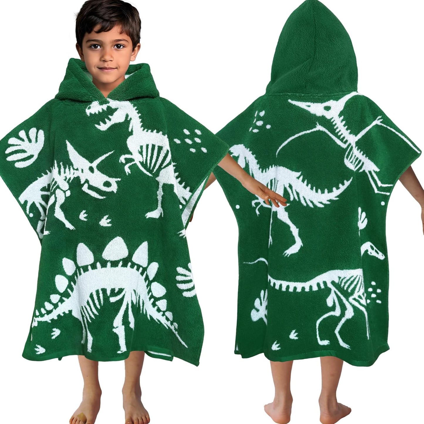 VOOVA & MOVAS Dinosaur Hooded Poncho Towels for Kids (4-8Years,28"x28"),Soft Cotton Thick Absorbent Towel Robe for Toddler Boys,Perfect for Bathroom | Pool | Swimming, Jacquard Green Dino