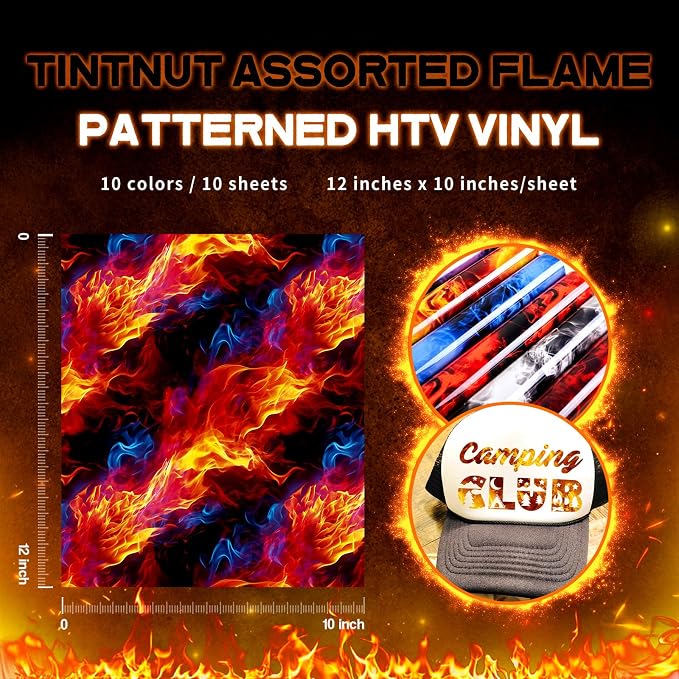 Tintnut Multicolored Flame Heat Transfer Vinyl, stretch washable, heat press &