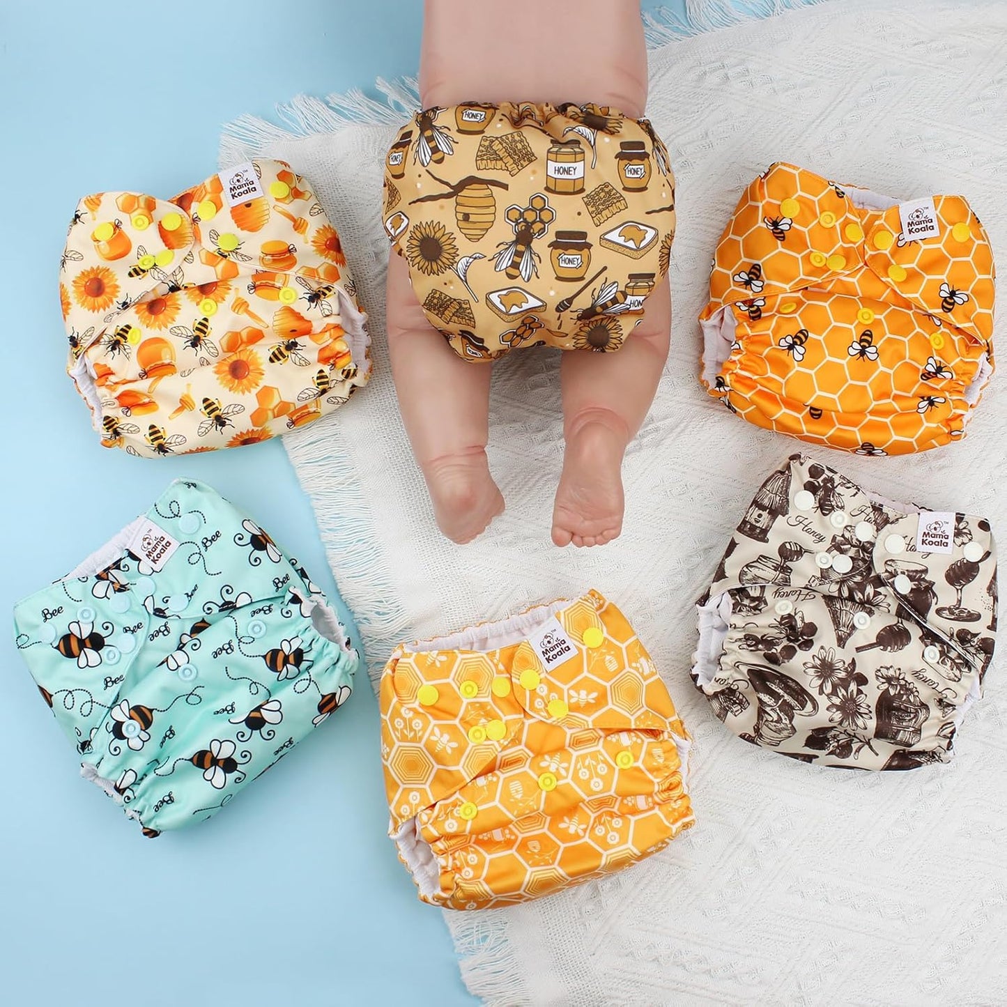 Mama Koala 3.0 Pocket Cloth Diapers for Babies with Suede Lining, 6 Pack with 6 4-Layer Natural Cloth Diaper Inserts - Reusable and Washable Pocket Diapers (S-Hardworking Bees)