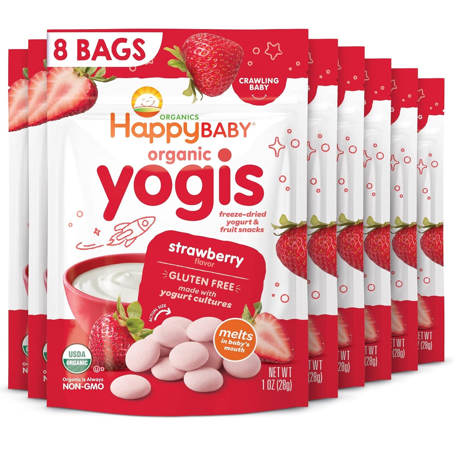 Happy Baby Organics Yogis Freeze-Dried Yogurt & Fruit Snack, Strawberry, 1 Ounce (Pack of 8) packaging may vary