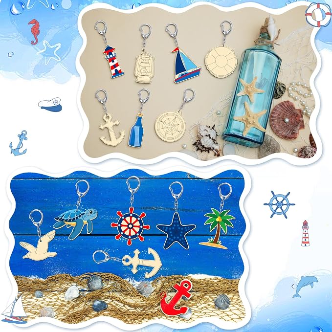 RattanView 24 Pcs Nautical Craft Color Your Own Keychains DIY Craft Wooden