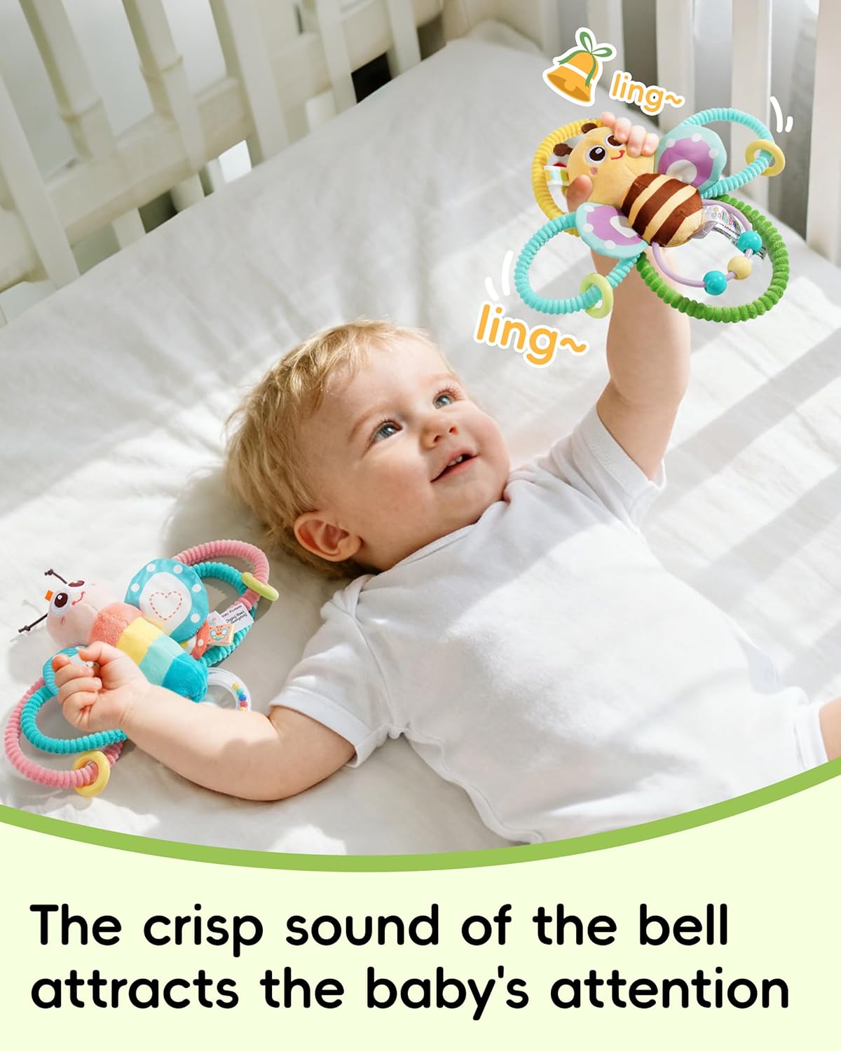 Jollybaby Soft Baby Rattles & Plush Rings Toy for Newborn 0-3-6-12 Months, Sensory Developmental Hand Teether Toys for Infant 0-2-4-7-8-9 Months, Baby Shower & Birthday Gifts - Butterfly