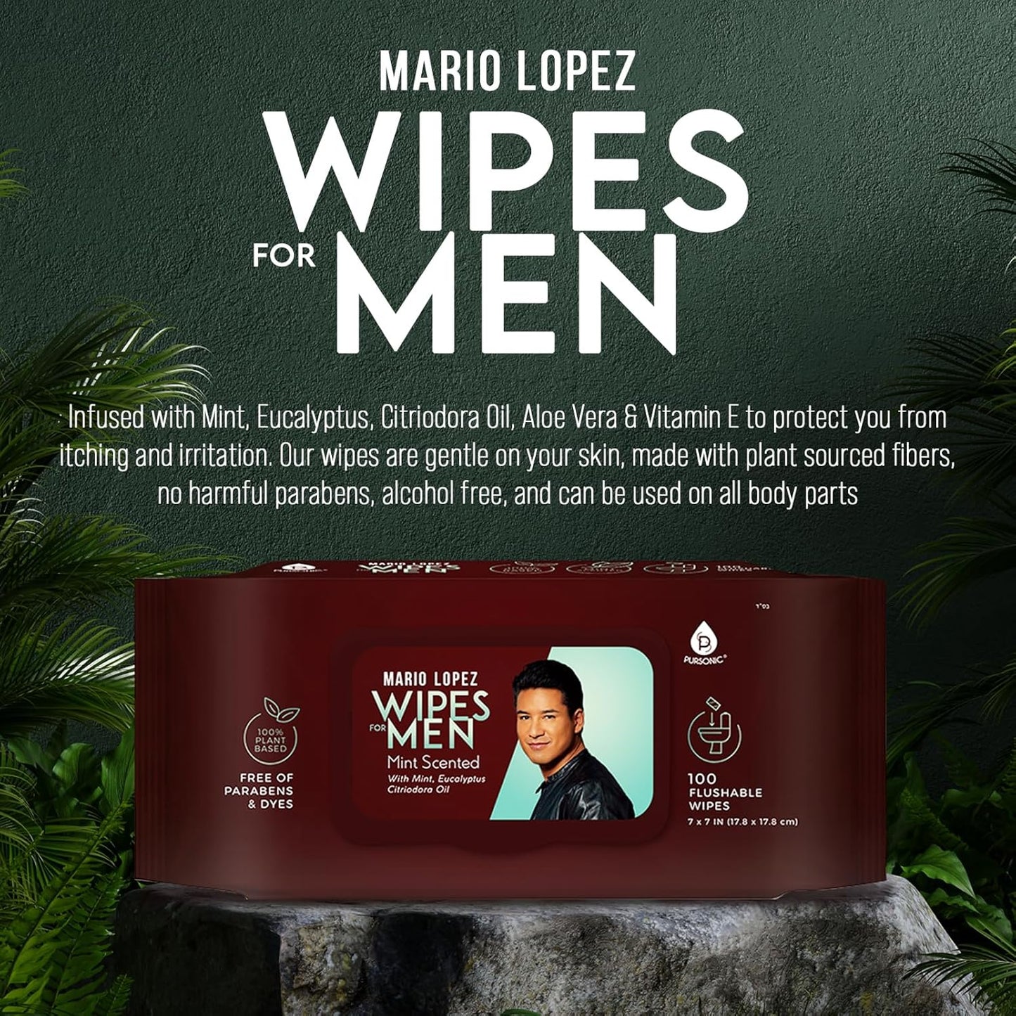 Pursonic Mario Lopez Mint Flushable Wipes for Men - 12 Packs 100Ct(1200 Total) - Plant-Based Face & Body Wipes for Gentle, Refreshing Daily Hygiene