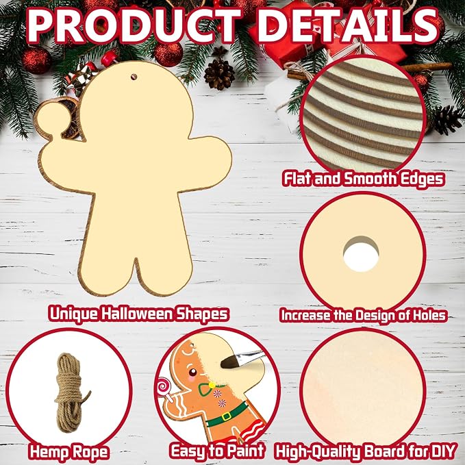 Large Size 7" Christmas Crafts for Kids Wooden Gingerbread Ornaments Crafts