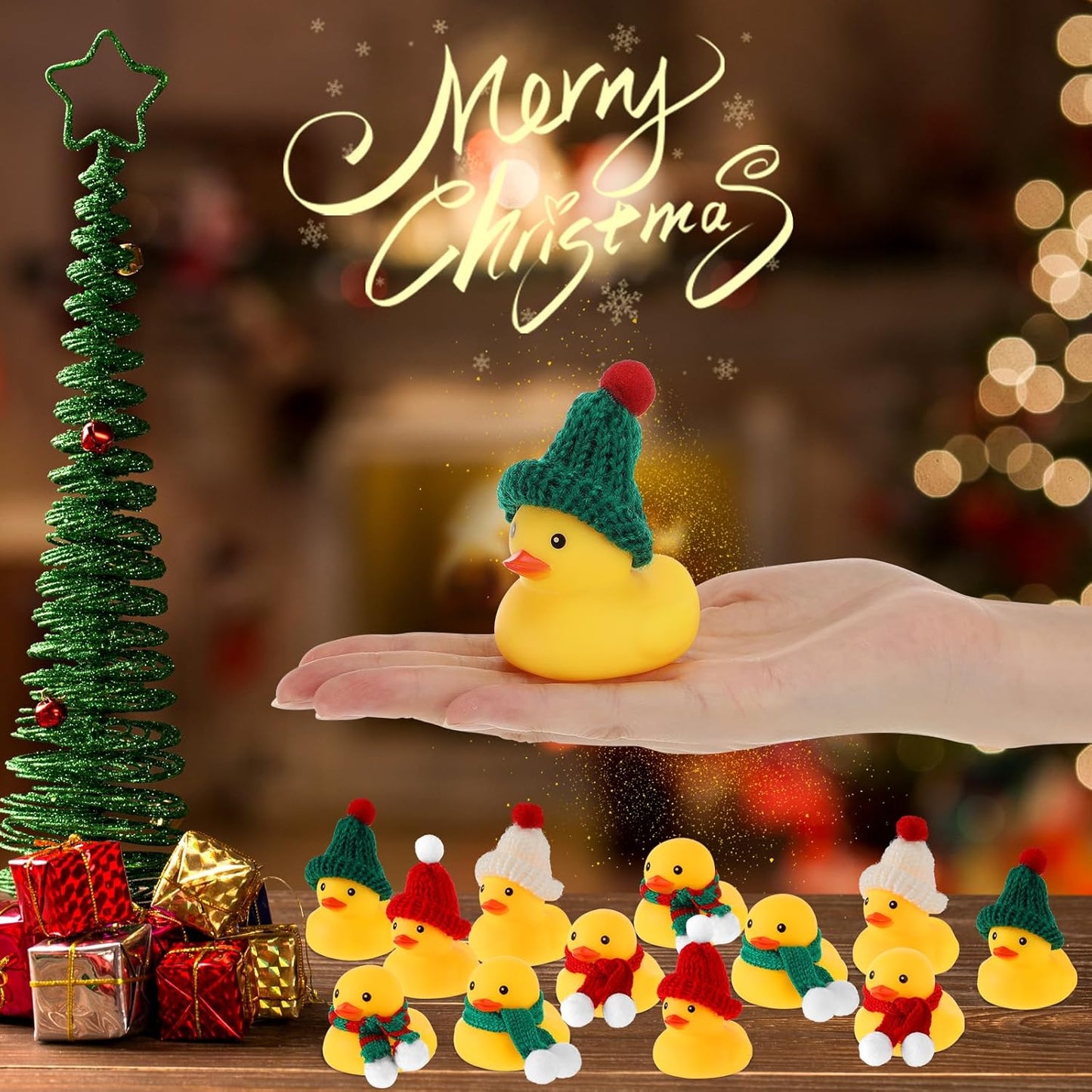 Jerify 120 Pieces Christmas Rubber Ducks with Classic Knitting Hats and Stripe Scarves Mini Cute Yellow Duck for Xmas Swimming Pool Birthday Party Bath Baby Shower
