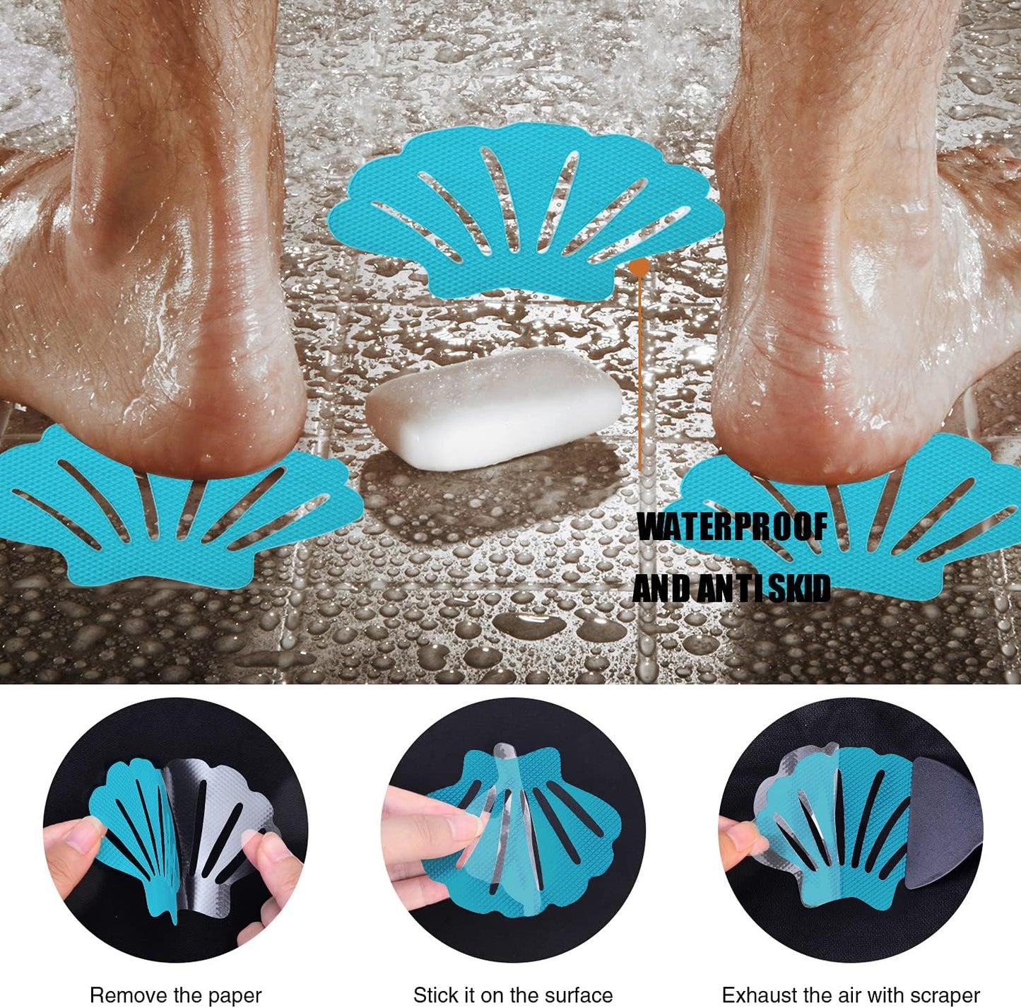 Non-Slip Bathtub Stickers, 24 PCS Shell Safety Bathroom Tubs Showers Treads Adhesive Decals Scraper (Blue)