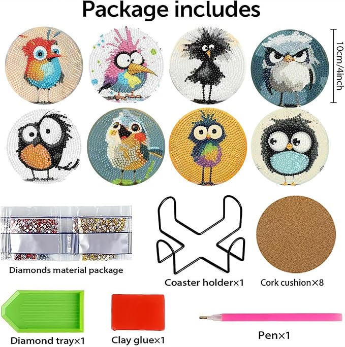 8 Pcs Retro Birds Diamond Art Coasters Kits