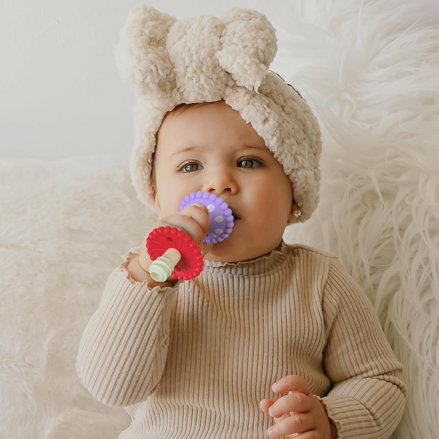 RaZbaby Chompy Teether Wand – Soft Silicone Hollow Baby Teething Tube for Front Teeth & Back Molars, Sensory Development and Multi Textured & Flexible Design, Compatible Teether (Multi Colored)