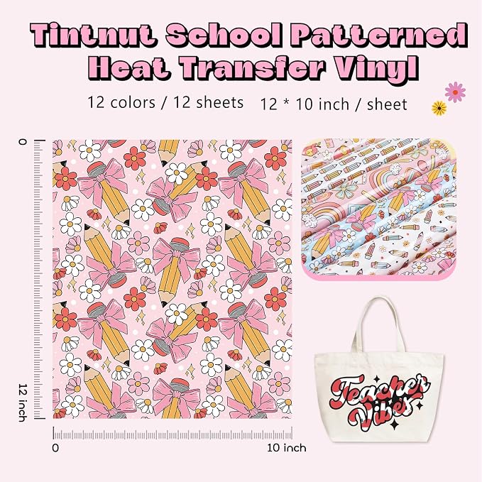 Tintnut Teacher Heat Transfer Vinyl, 12 Sheets 12"x10" Iron on Vinyl | School