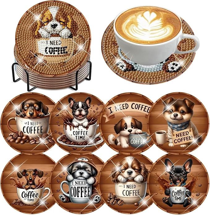 8 Pack Diamond Art Coasters, Coffee Dog Diamond Painting Coasters Kits | Dog