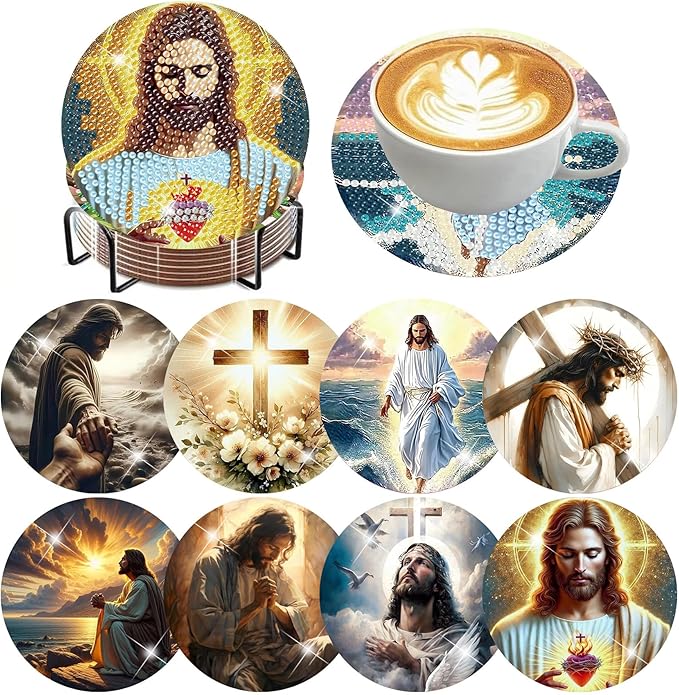 ijbnhd 8 Pcs Diamond Art Coasters Kits Jesus Diamond Painting Coasters |