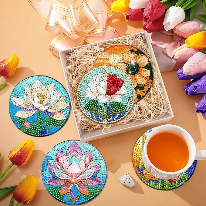 EWJRNSF 6 PCS Flowers Diamond Art Coasters DIY Kit