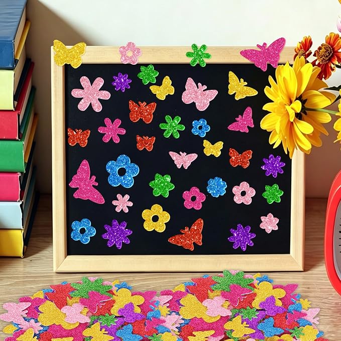 448 Pcs Glitter Foam Stickers, Butterfly & Flower Shapes Stickers, 7 Sheets