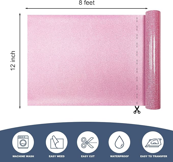Pink Glitter Heat Transfer Vinyl 12" x 8 ft HTV