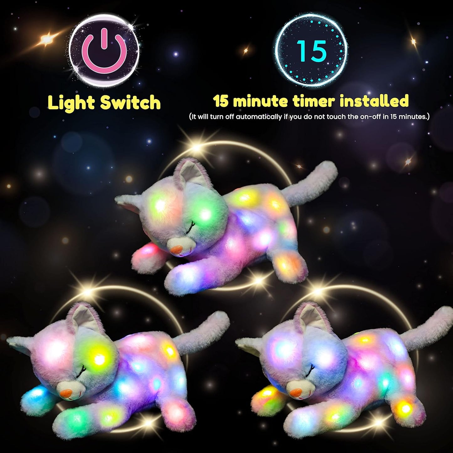 Hopearl LED Plush Cat Lighting Up Stuffed Mommy Cat with 3 Baby Kittens in her Tummy Stuffed Animal Playset Night Lights Glow in The Dark for Mom Kids Toddler Girls, Rainbow, 18''