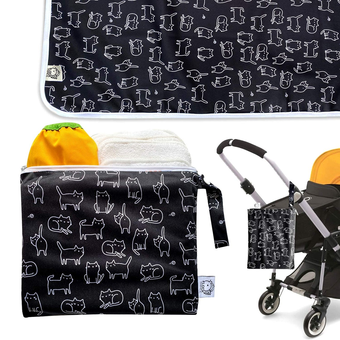 Flockthree Waterproof Baby Diaper Changing Pad with Storage Bag (28.7" X 19.7") Washable Wipeable Reusable Leak Proof Diaper Travel Mat Station Changing Mattress Liner Cribs Bed Cover, Cats