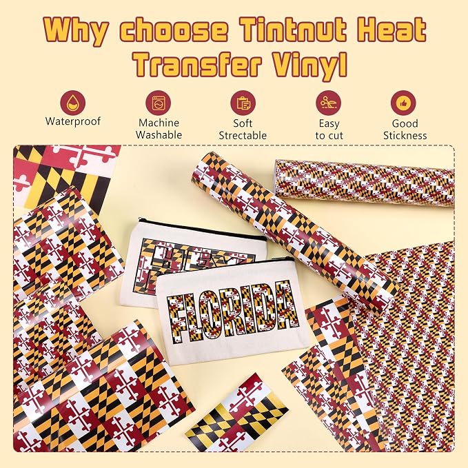 Tintnut Maryland Flag Heat Transfer Vinyl, 8 Sheets 12×10in Iron on Vinyl | PU