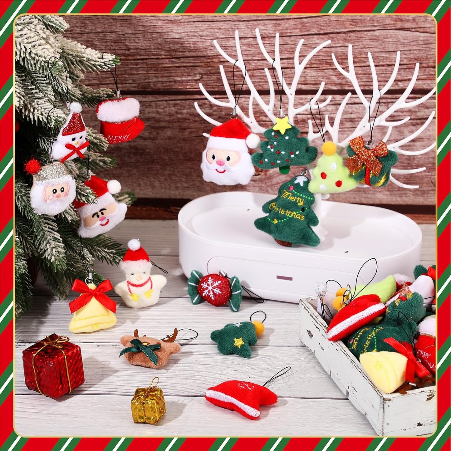 Libima 60 Pcs Christmas Mini Stuffed Animals Christmas Plush Keychain Santa Claus Tree Santa Hat Elk Bells Snowmen Hanging Plush Toys for Carnival Birthday Classroom Prizes Stocking Stuffer