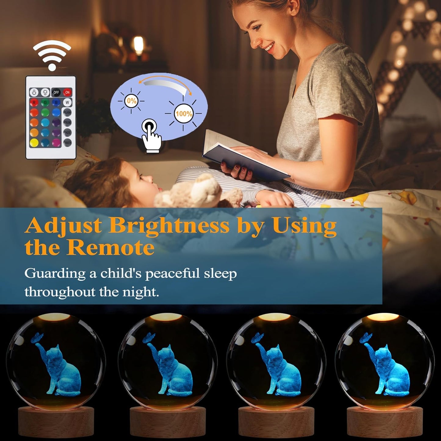Cat Night Light, Cat Themed Gifts for Girls, K9 3.15 Inch(80mm) Crystal Ball Night Light with 16 Colors Remote Upgraded Lamp for Birthday Xmas Cool Figurines Sympathy Gifts for Room Decor Girls