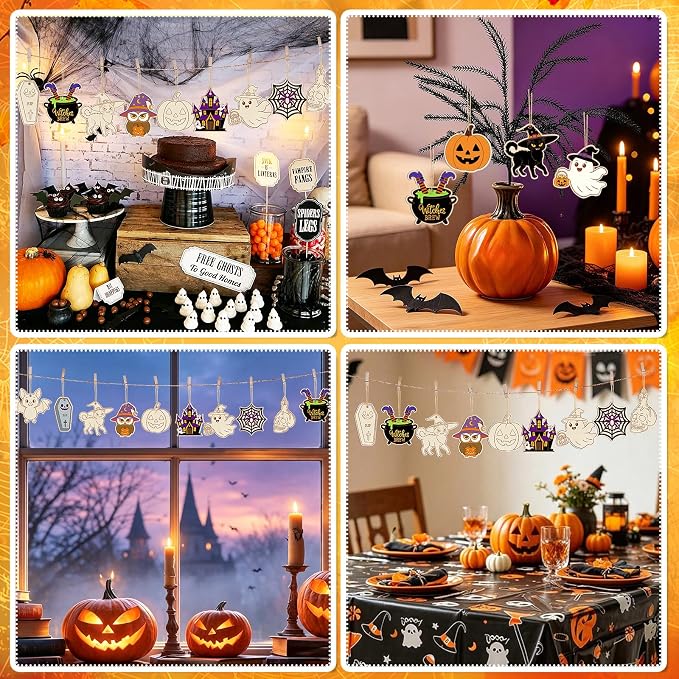 80PCS Wooden Halloween Ornaments to Paint Fall Decorations Crafts