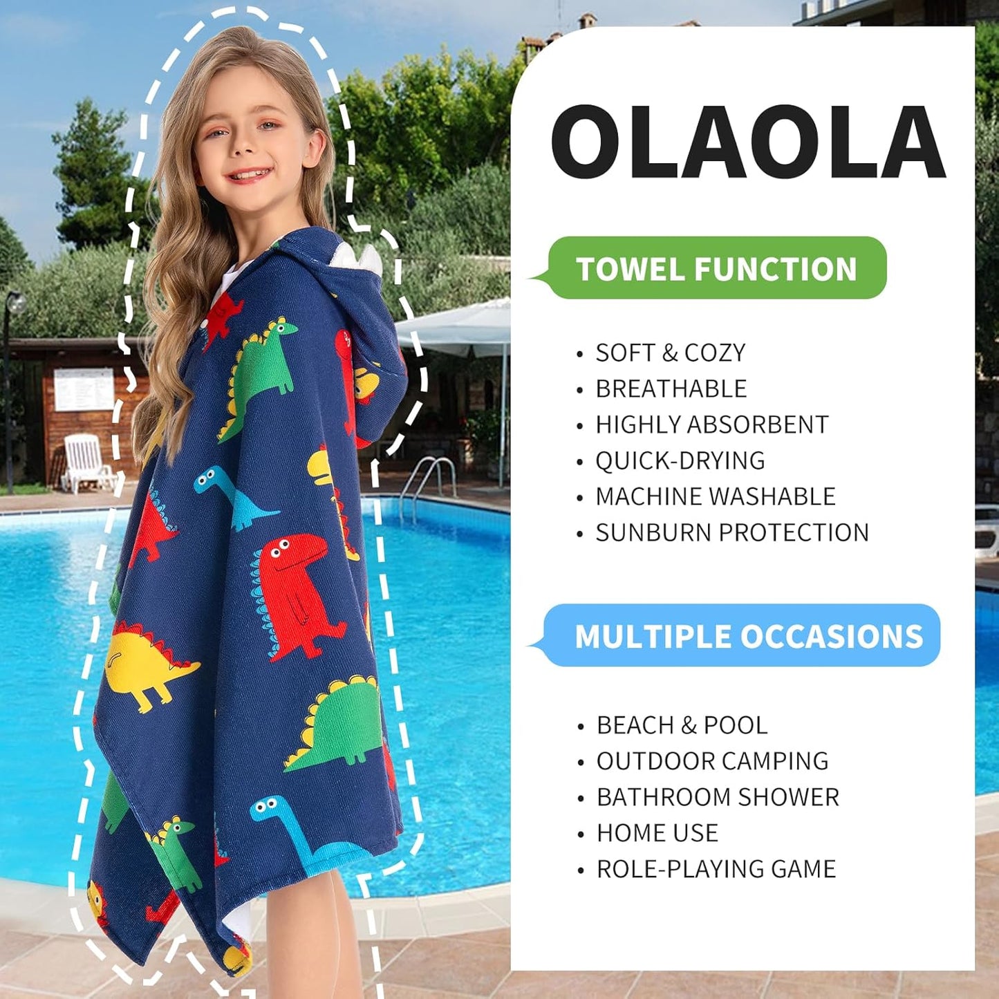 OLAOLA Colorful Dinosaur Hooded Towel for Kids 3-12 Years, 28" x 53" Soft Thick Absorbent Beach Towels, Toddler Bath Towel Wrap Swim Pool Towels Poncho for Boys Girls