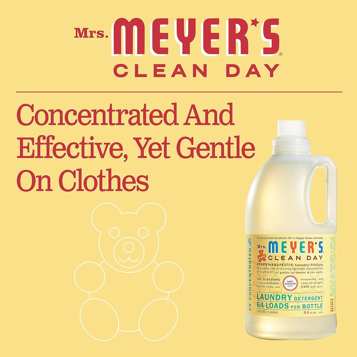 MRS. MEYER'S CLEAN DAY Baby Laundry Detergent Liquid, Infused with Essential Oils, Baby Blossom, 64oz - Pack of 2 (128 Loads)