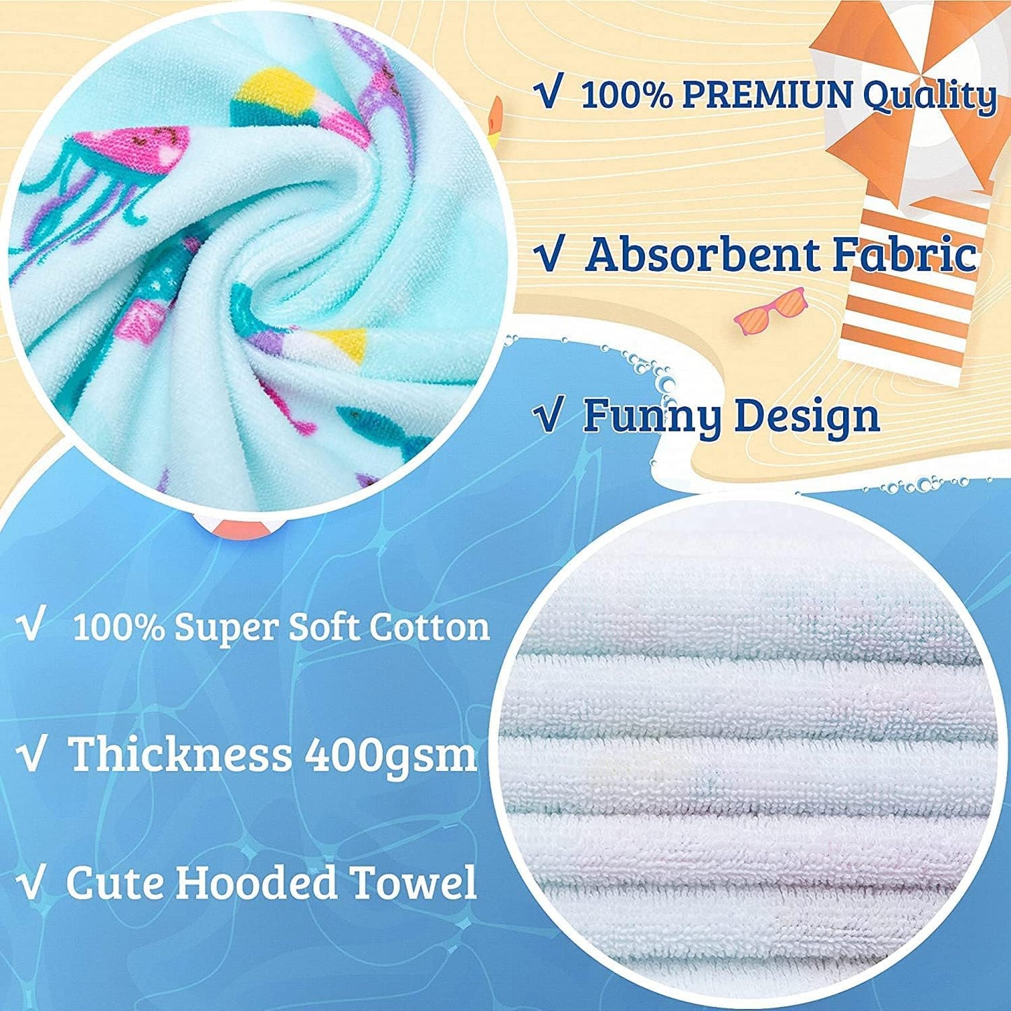 VOOVA & MOVAS Kids Hooded Beach Towel Age 3-10, 30''X50,Soft | Thick | Large | 100% Cotton,Absorbent Beach, Bath, Pool Towels Wrap for Girls, Sea Mermaid