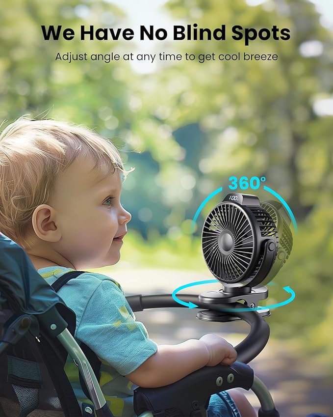 Koonie Portable Clip On Fan, Small USB Fan Battery Operated, 3 Speed Rechargeable Mini Fan With LED Display, 360° Rotate Personal Cooling Desk Fan for Stroller Travel Camping Golf Gym