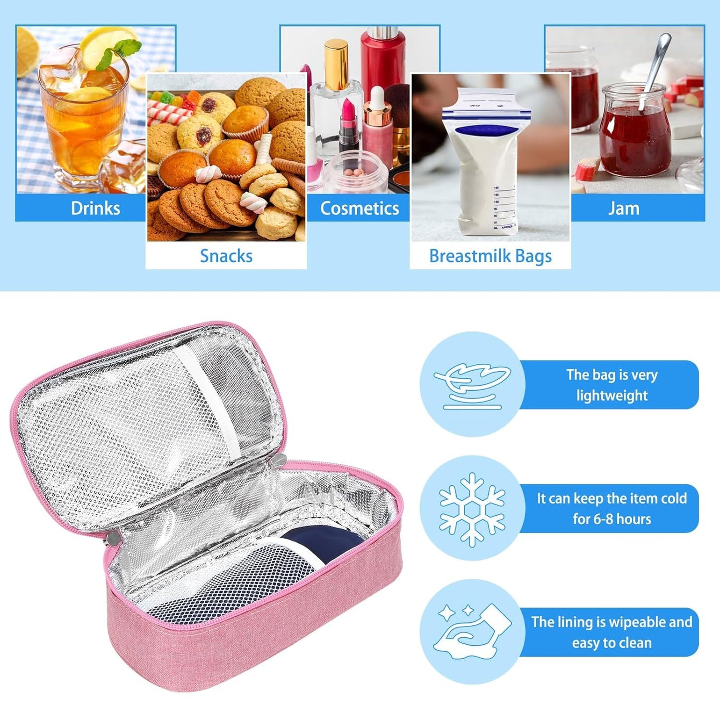 Breastmilk Cooler Bag with Ice Pack, Portable Insulated Breast Milk Storage Cooler Bag, Small Stylish Breastmilk Storage Bag Cooler with Wrist Strap (Pink)